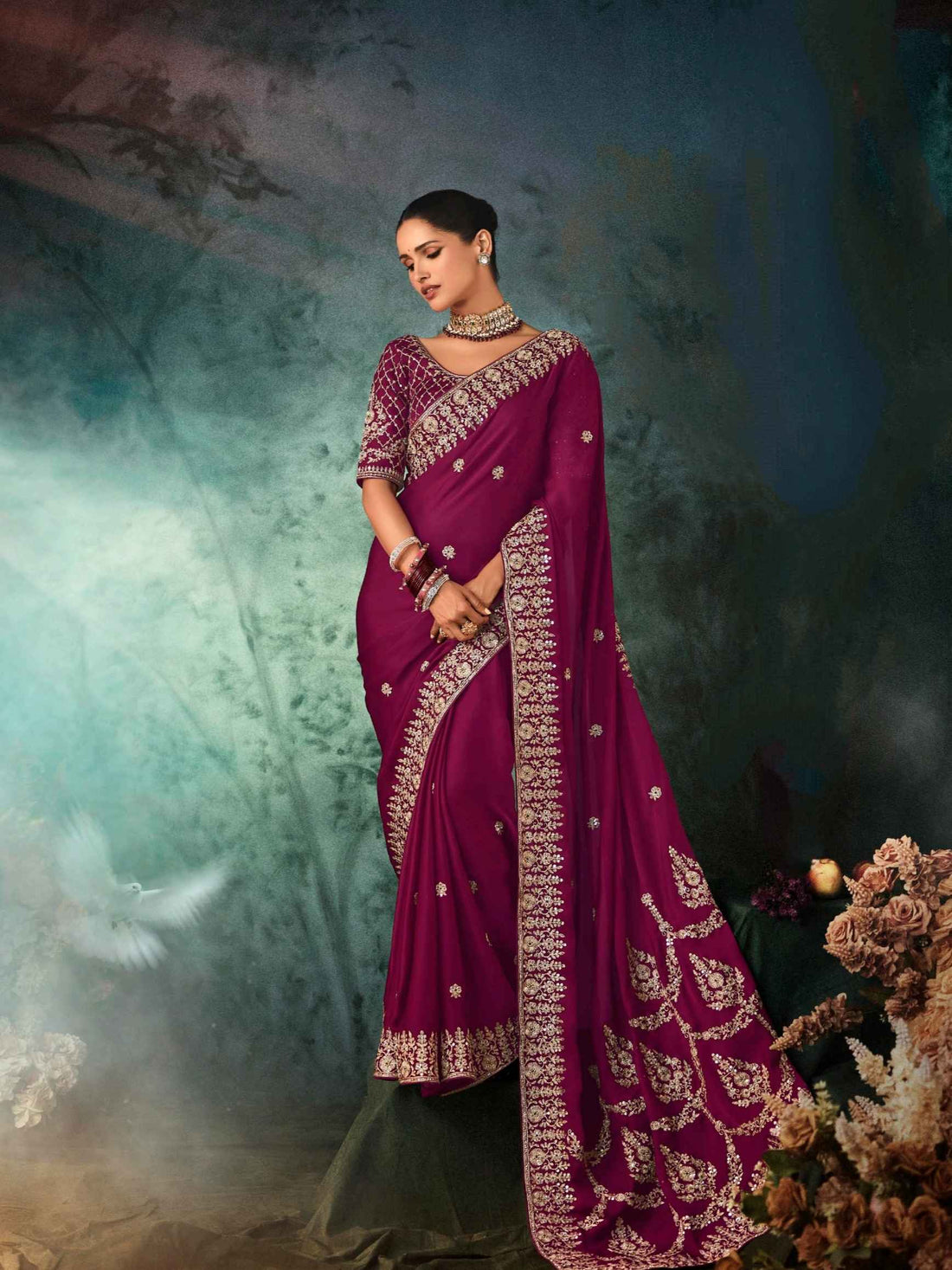 Magenta Purple Fancy Saree with Aari &amp; Hand Embroidery