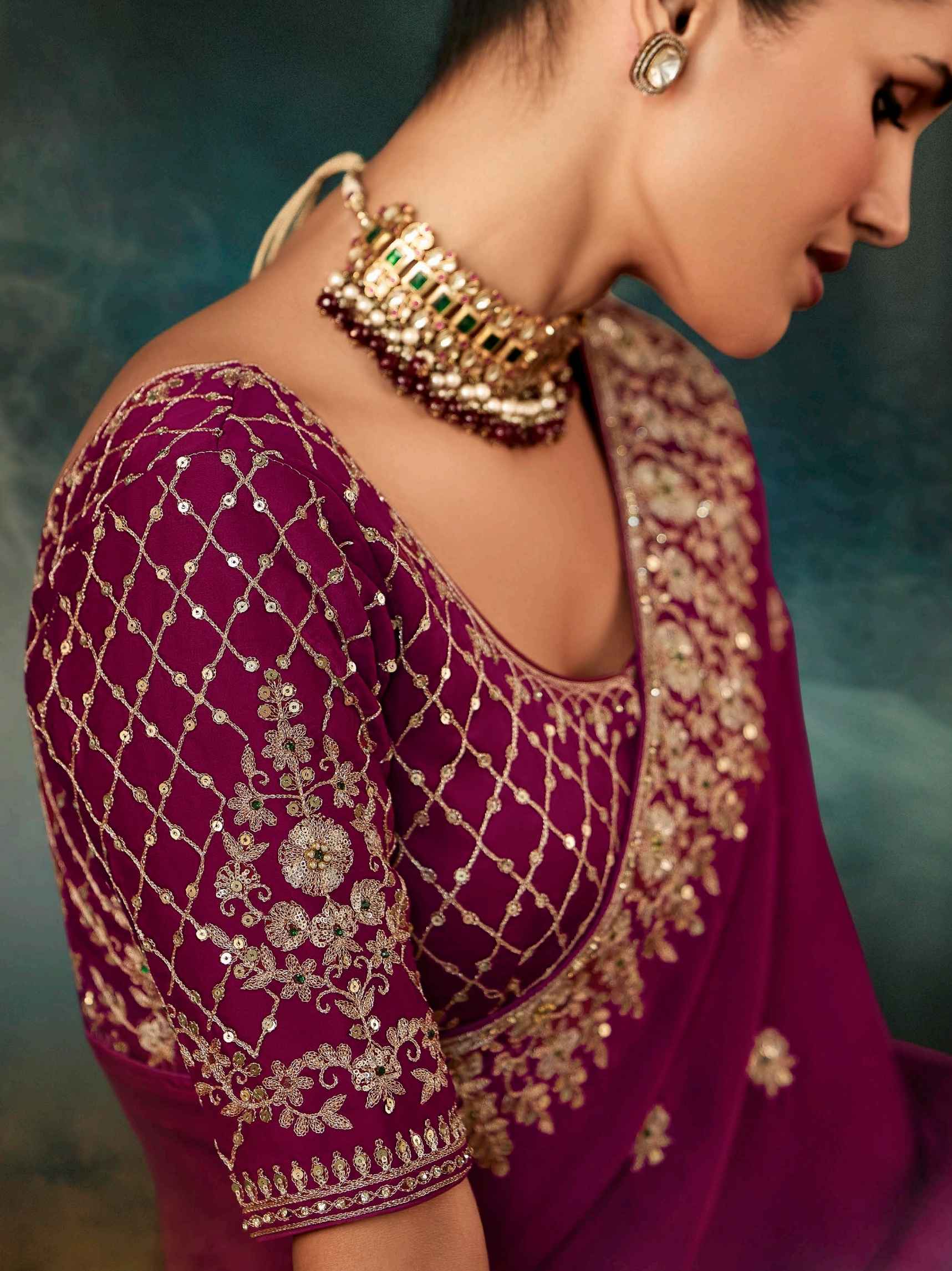 Magenta Purple Fancy Saree with Aari &amp; Hand Embroidery