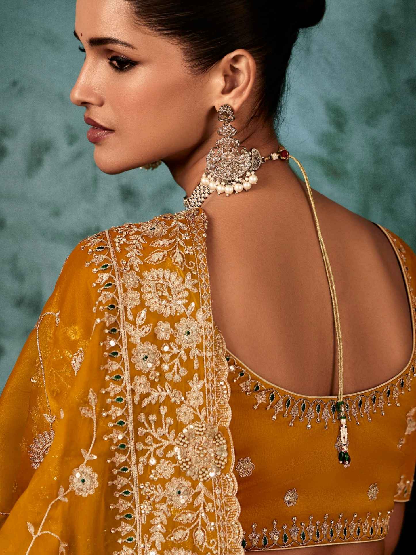 Mustard Yellow Fancy Saree with Heavy Aari Handwork