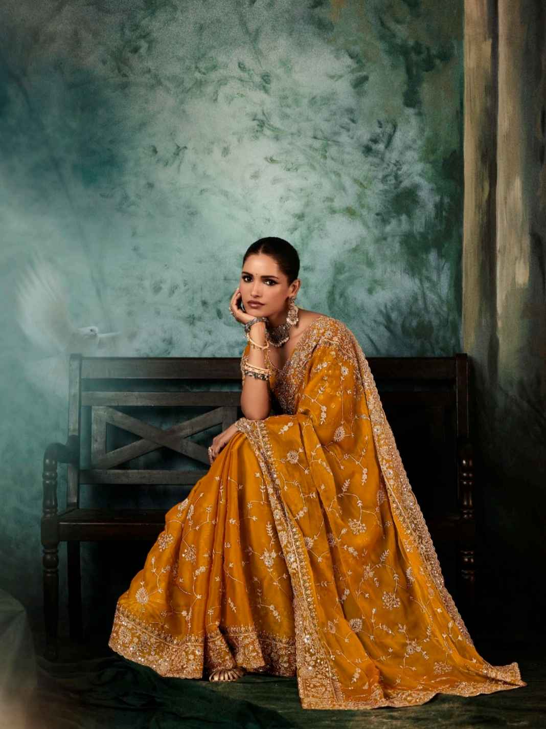 Mustard Yellow Fancy Saree with Heavy Aari Handwork