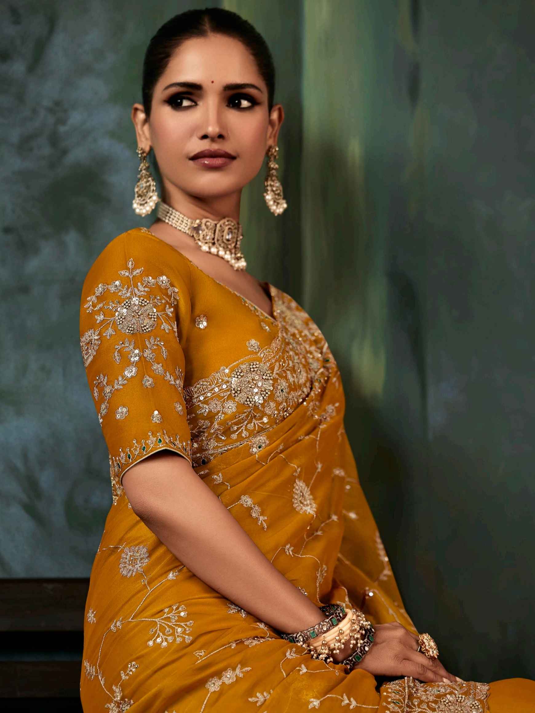 Mustard Yellow Fancy Saree with Heavy Aari Handwork