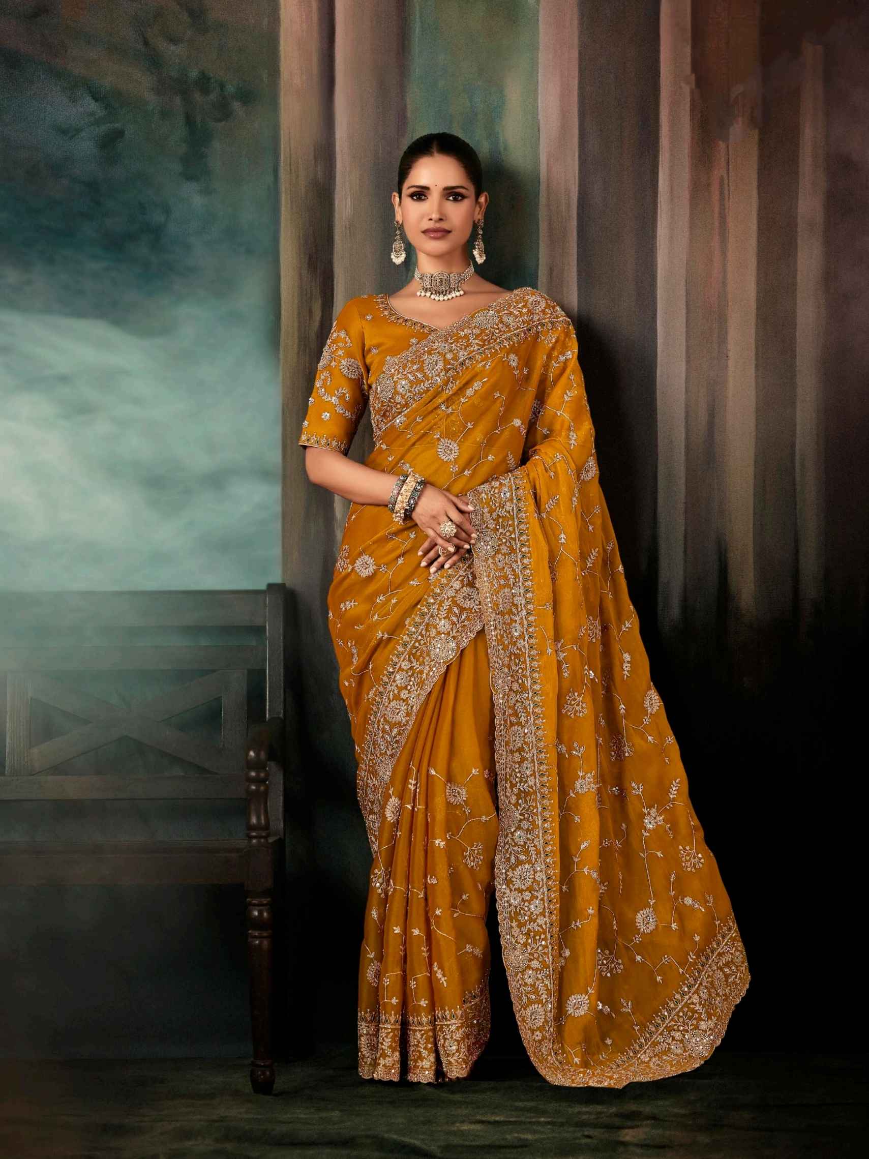 Mustard Yellow Fancy Saree with Heavy Aari Handwork