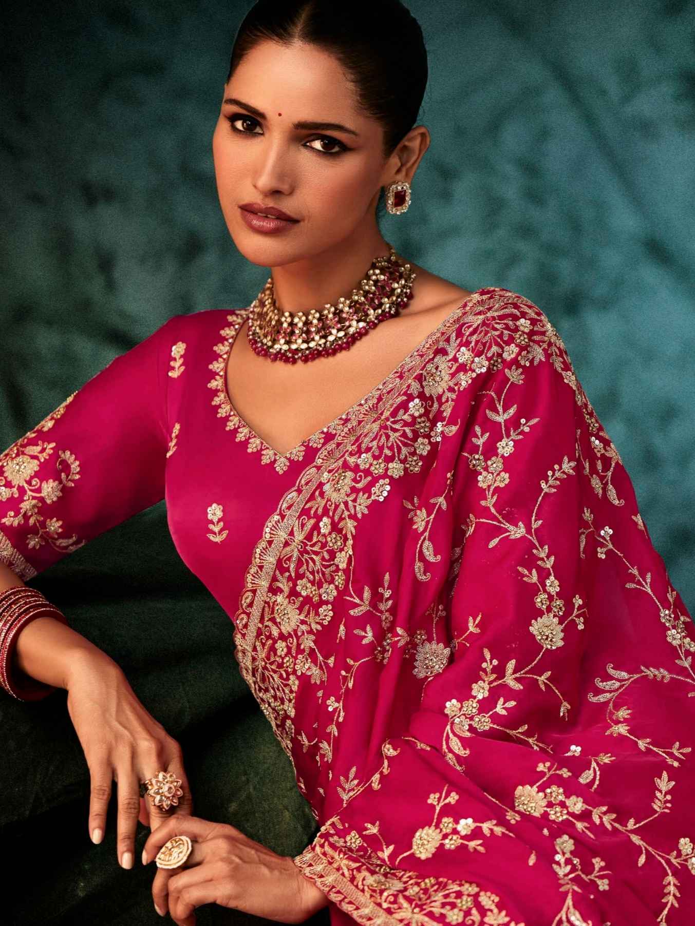 Rose Pink Designer Fancy Saree with Aari Handwork