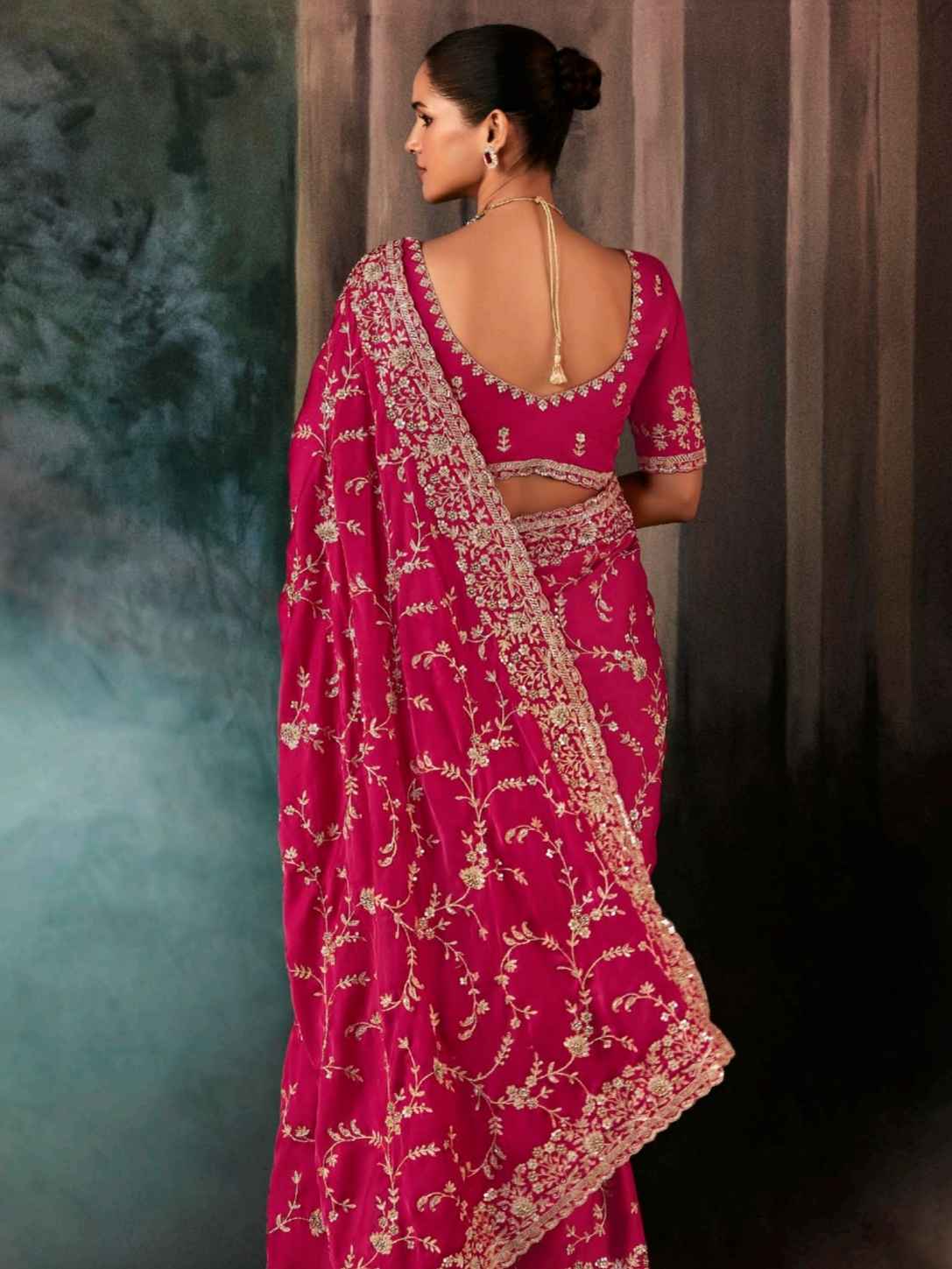 Rose Pink Designer Fancy Saree with Aari Handwork