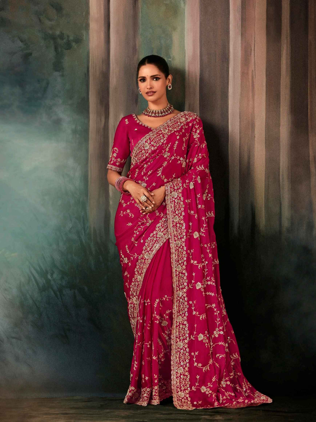Rose Pink Designer Fancy Saree with Aari Handwork
