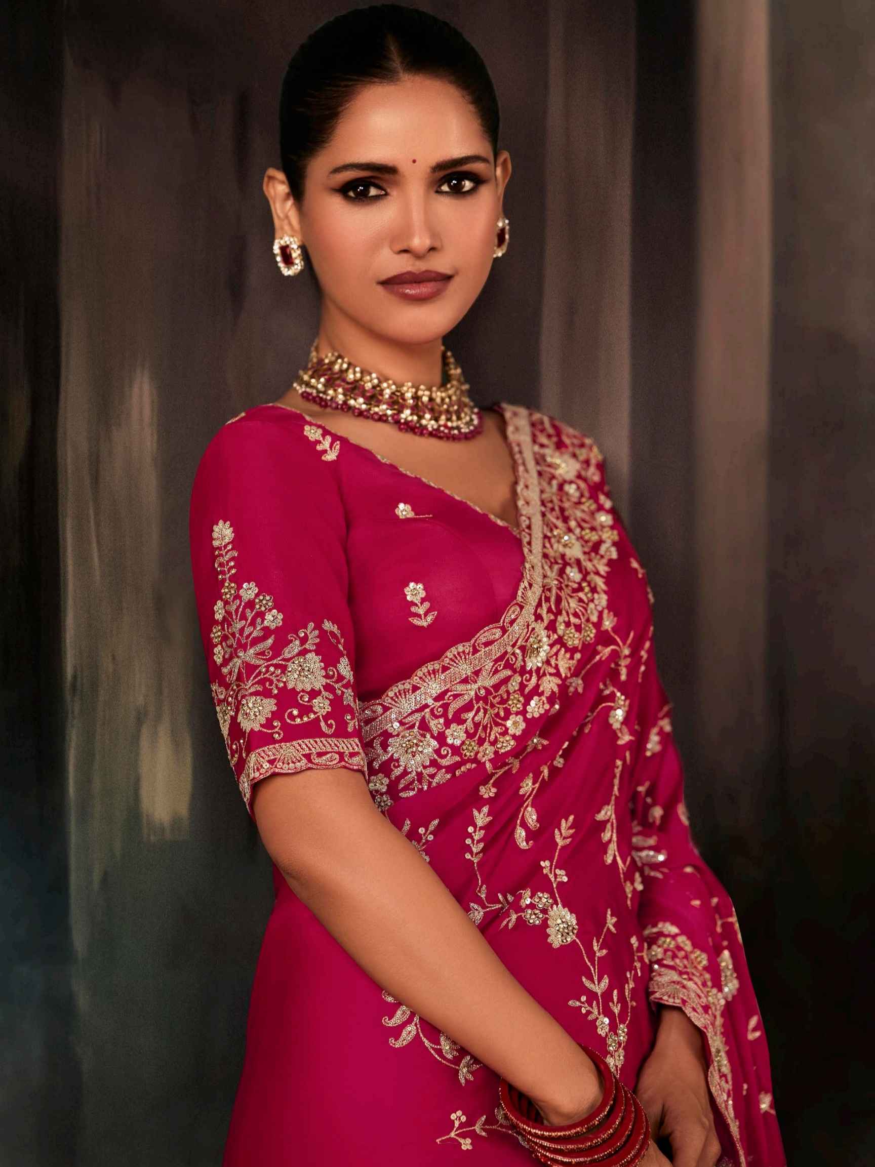 Rose Pink Designer Fancy Saree with Aari Handwork