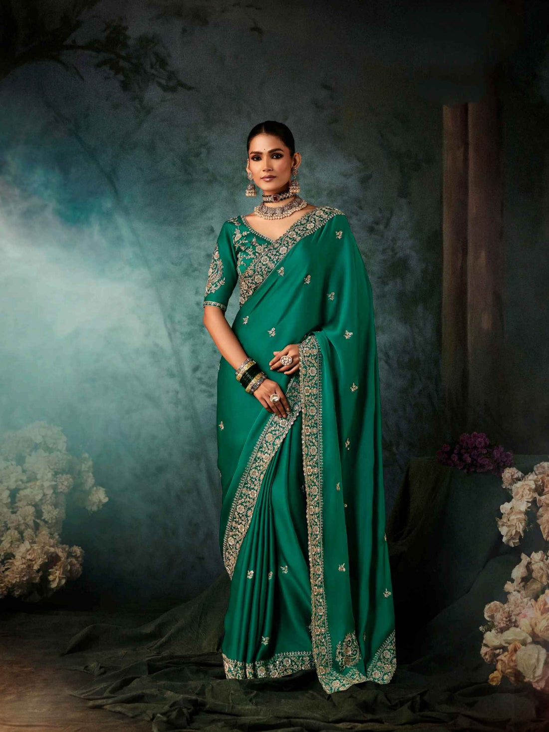 Emerald Green Fancy Saree with Handcrafted Aari Work