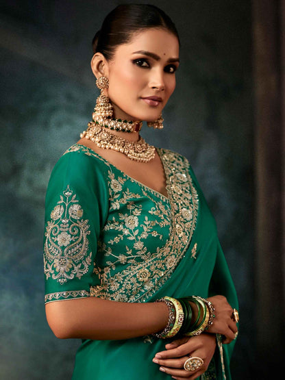 Emerald Green Fancy Saree with Handcrafted Aari Work