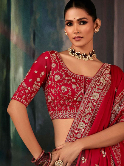 Red Bridal Fancy Saree with Aari &amp; Hand Embroidery