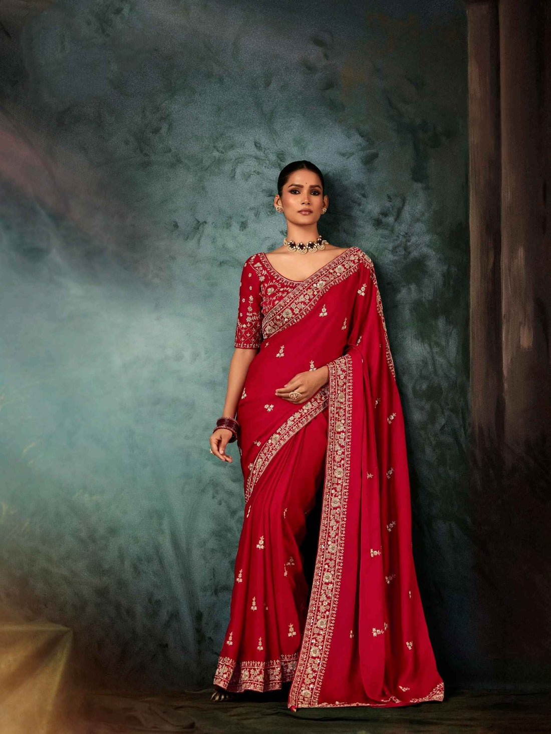 Red Bridal Fancy Saree with Aari &amp; Hand Embroidery