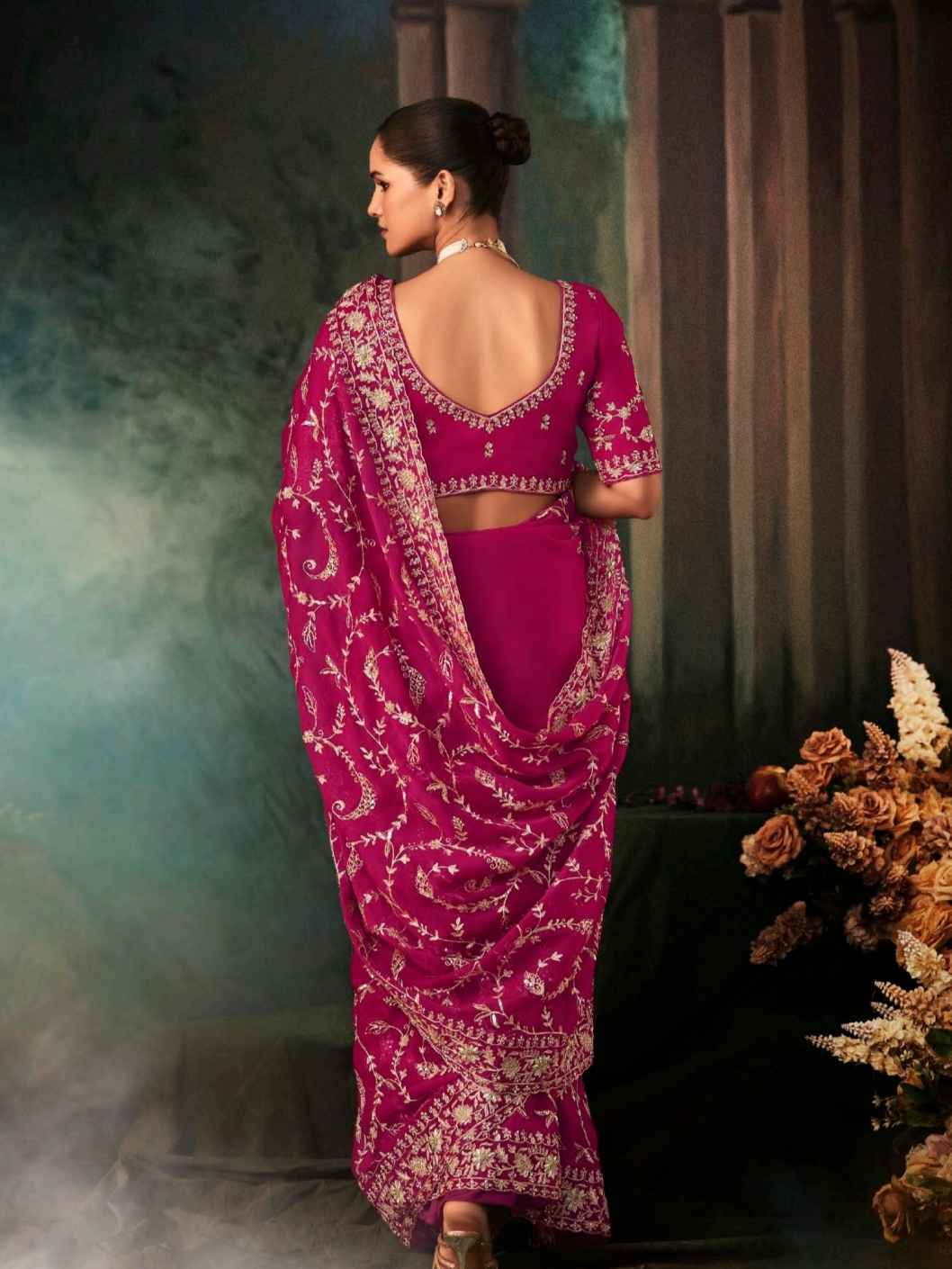 Rani Pink Fancy Saree with Intricate Aari Work
