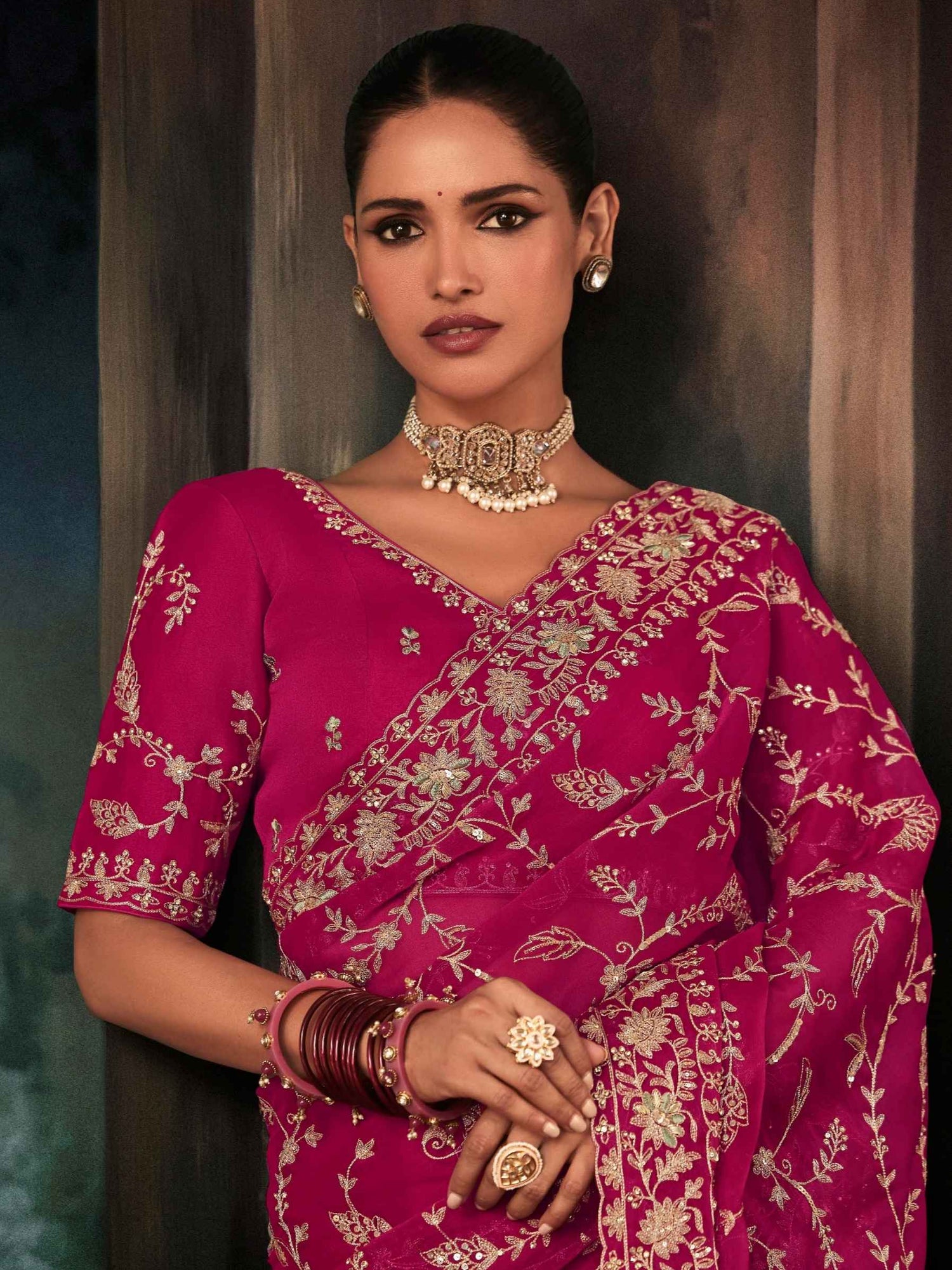 Rani Pink Fancy Saree with Intricate Aari Work