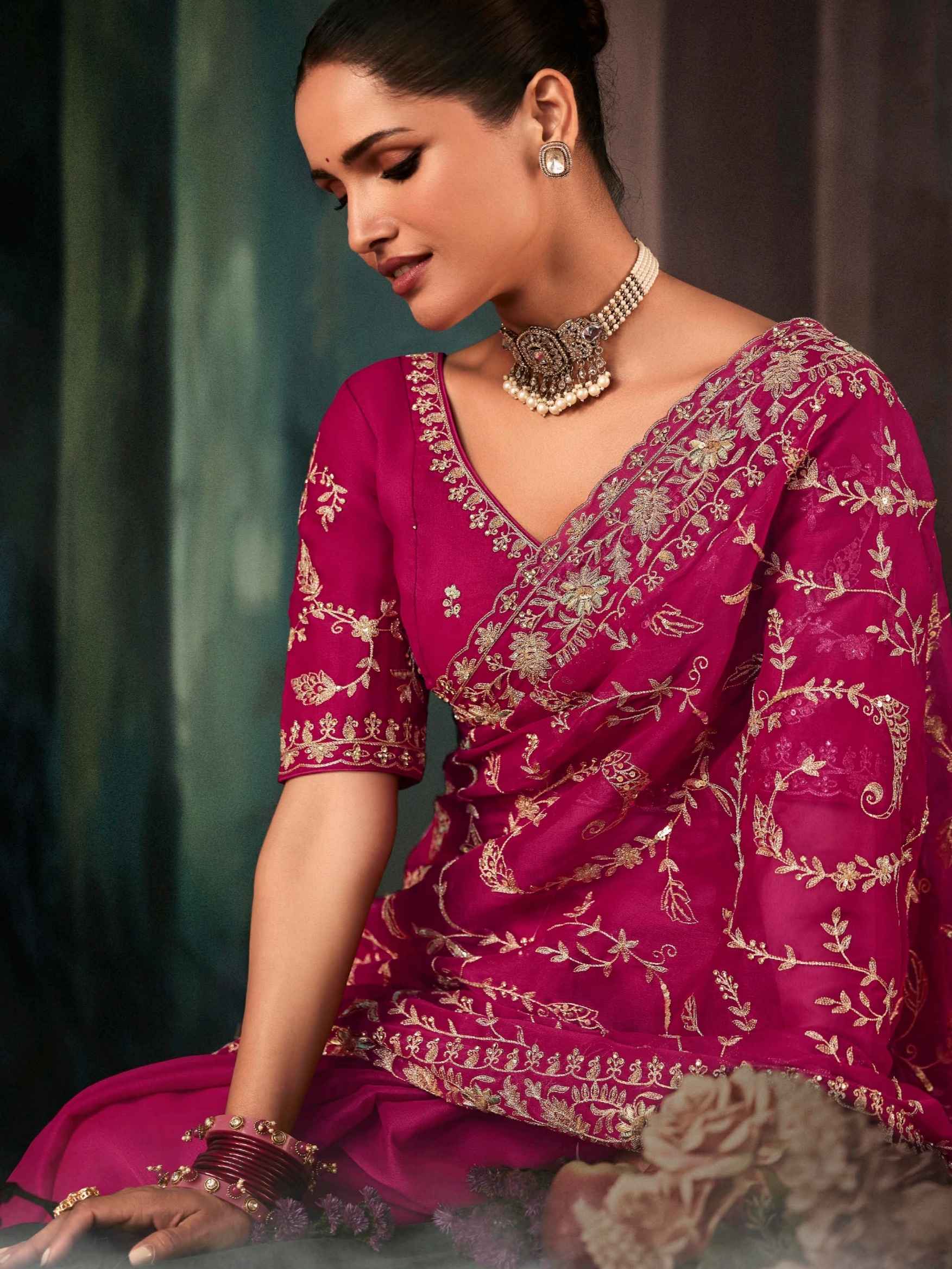 Rani Pink Fancy Saree with Intricate Aari Work