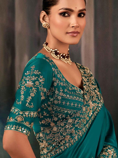 Teal Green Designer Fancy Saree with Aari Handwork