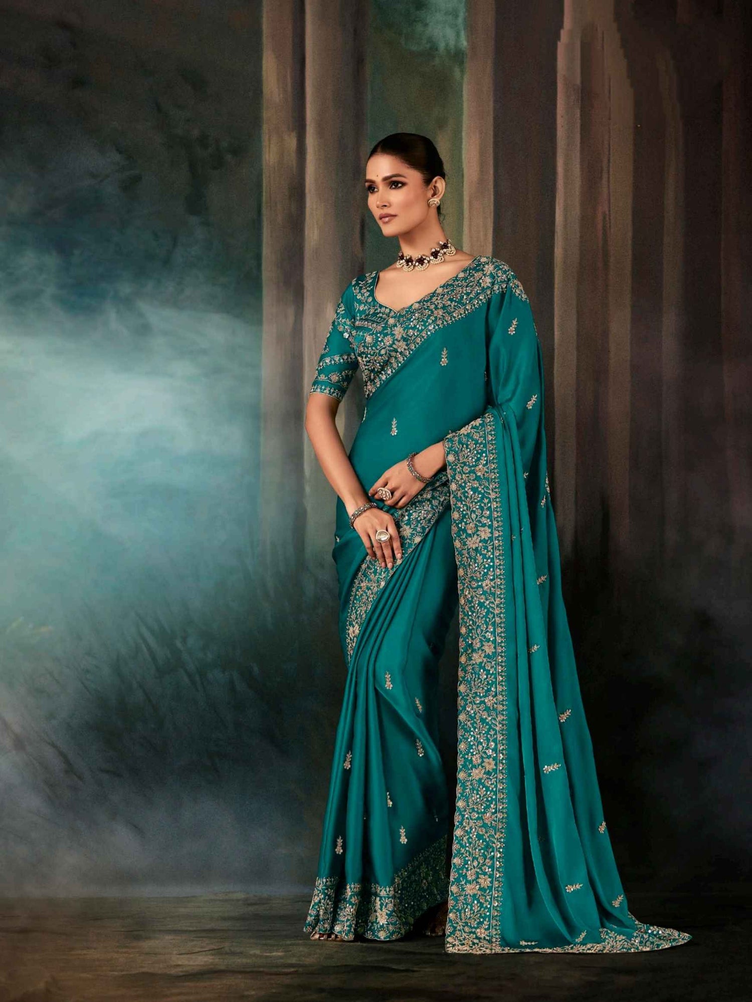 Teal Green Designer Fancy Saree with Aari Handwork