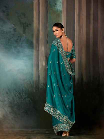 Teal Green Designer Fancy Saree with Aari Handwork