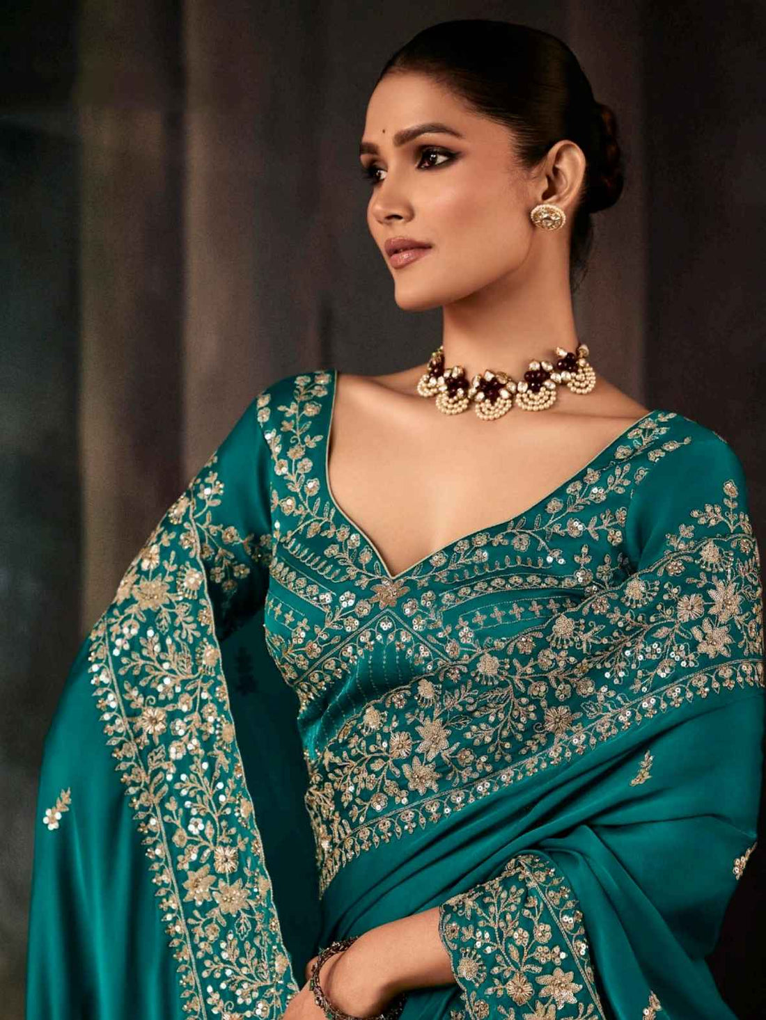 Teal Green Designer Fancy Saree with Aari Handwork