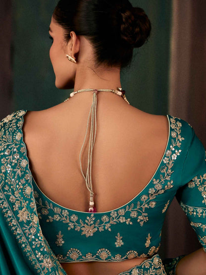 Teal Green Designer Fancy Saree with Aari Handwork