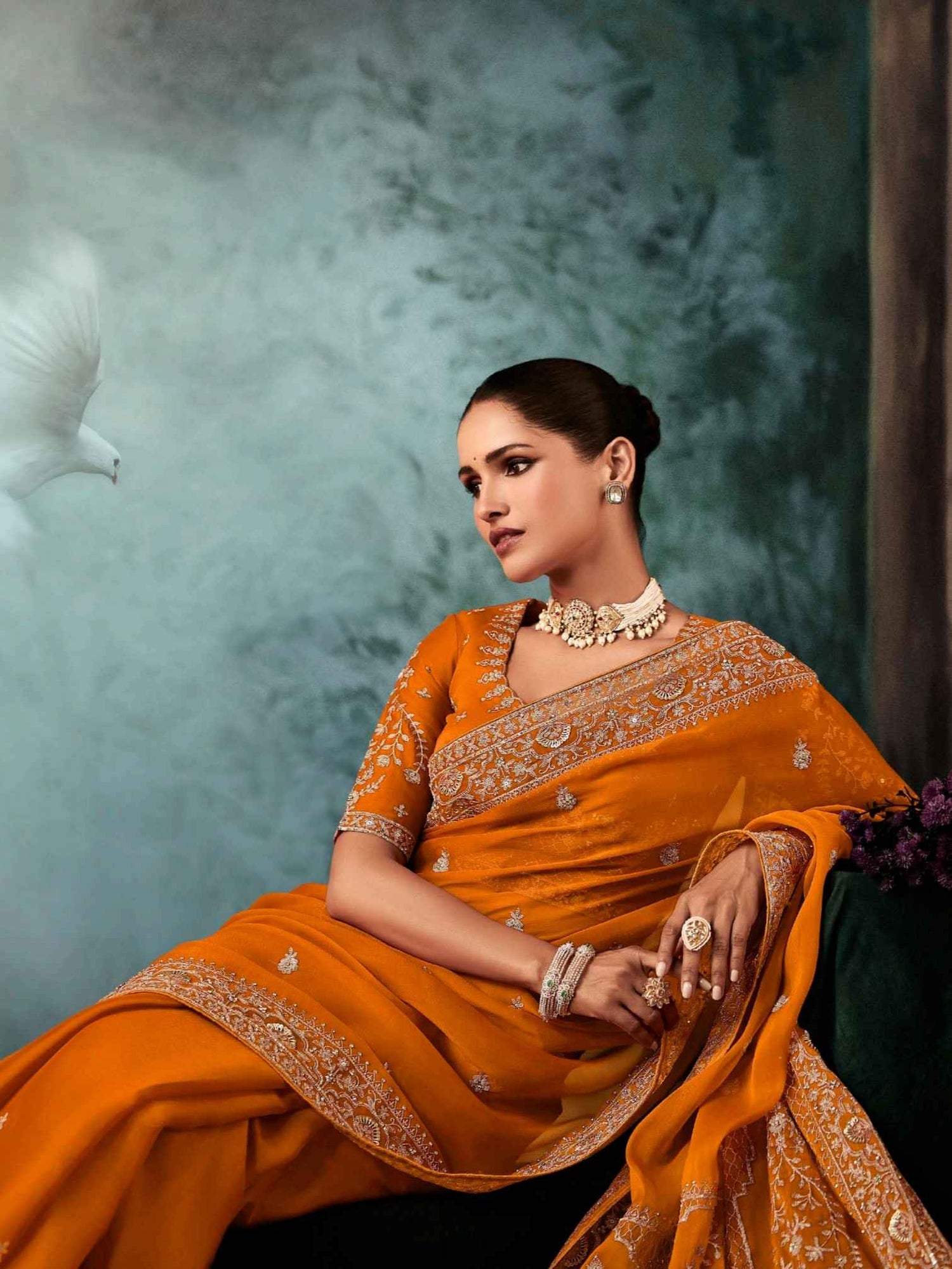 Mustard Orange Fancy Saree with Aari &amp; Hand Embroidery