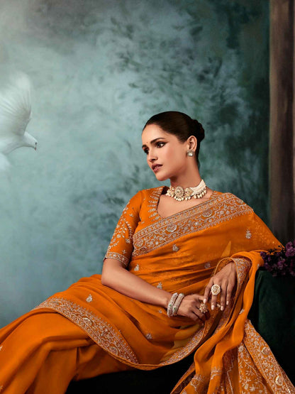 Mustard Orange Fancy Saree with Aari &amp; Hand Embroidery