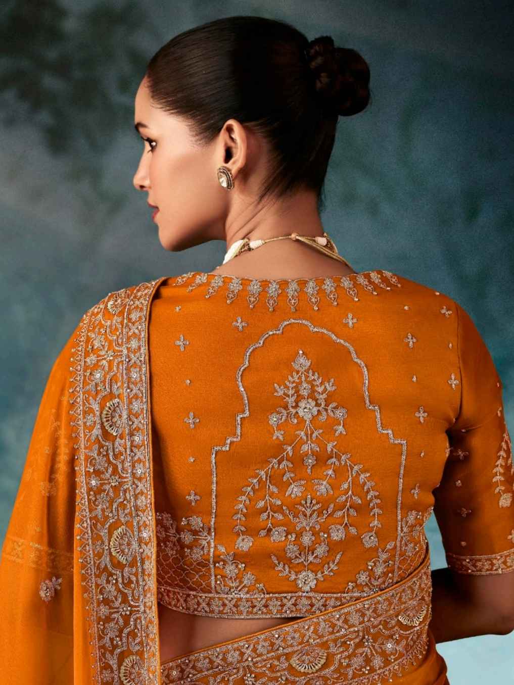 Mustard Orange Fancy Saree with Aari &amp; Hand Embroidery