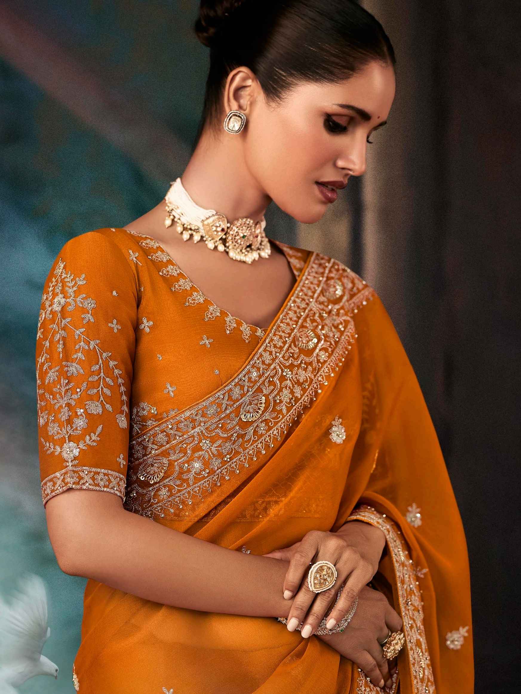 Mustard Orange Fancy Saree with Aari &amp; Hand Embroidery
