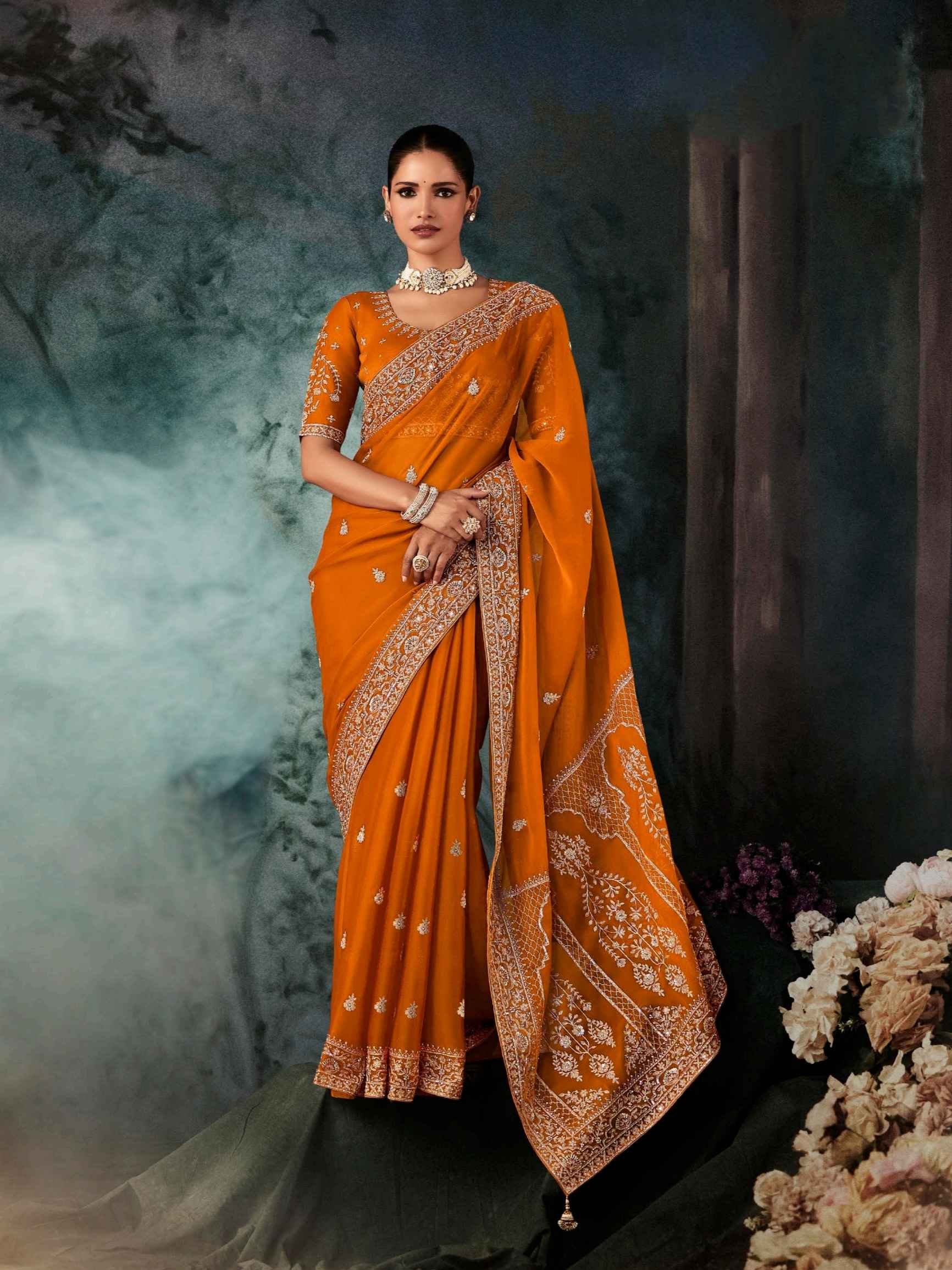 Mustard Orange Fancy Saree with Aari &amp; Hand Embroidery