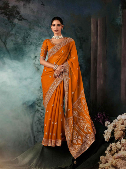 Mustard Orange Fancy Saree with Aari &amp; Hand Embroidery