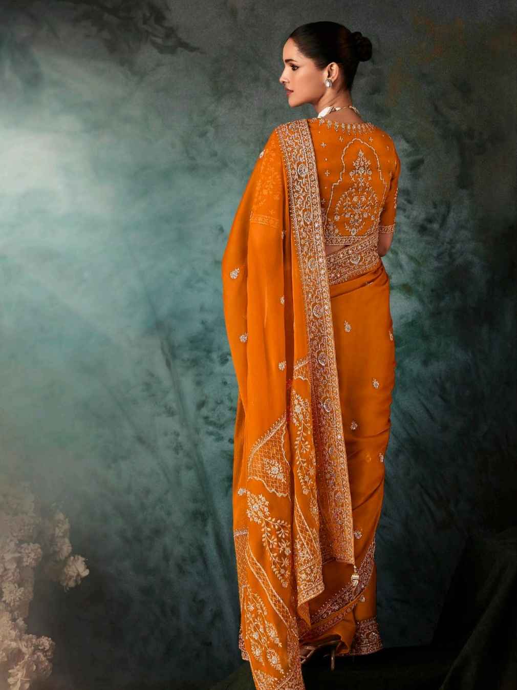 Mustard Orange Fancy Saree with Aari &amp; Hand Embroidery