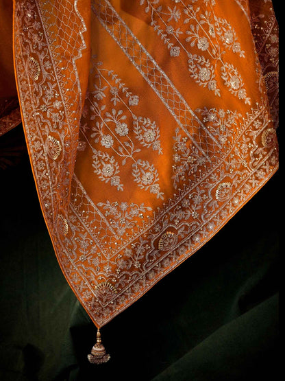 Mustard Orange Fancy Saree with Aari &amp; Hand Embroidery