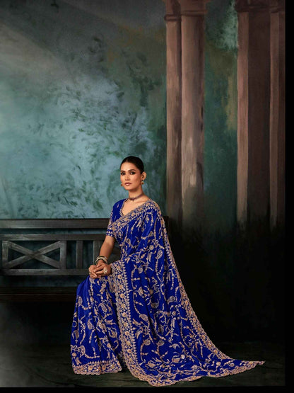 Royal Blue Premium Fancy Aari &amp; Handwork Bridal Saree