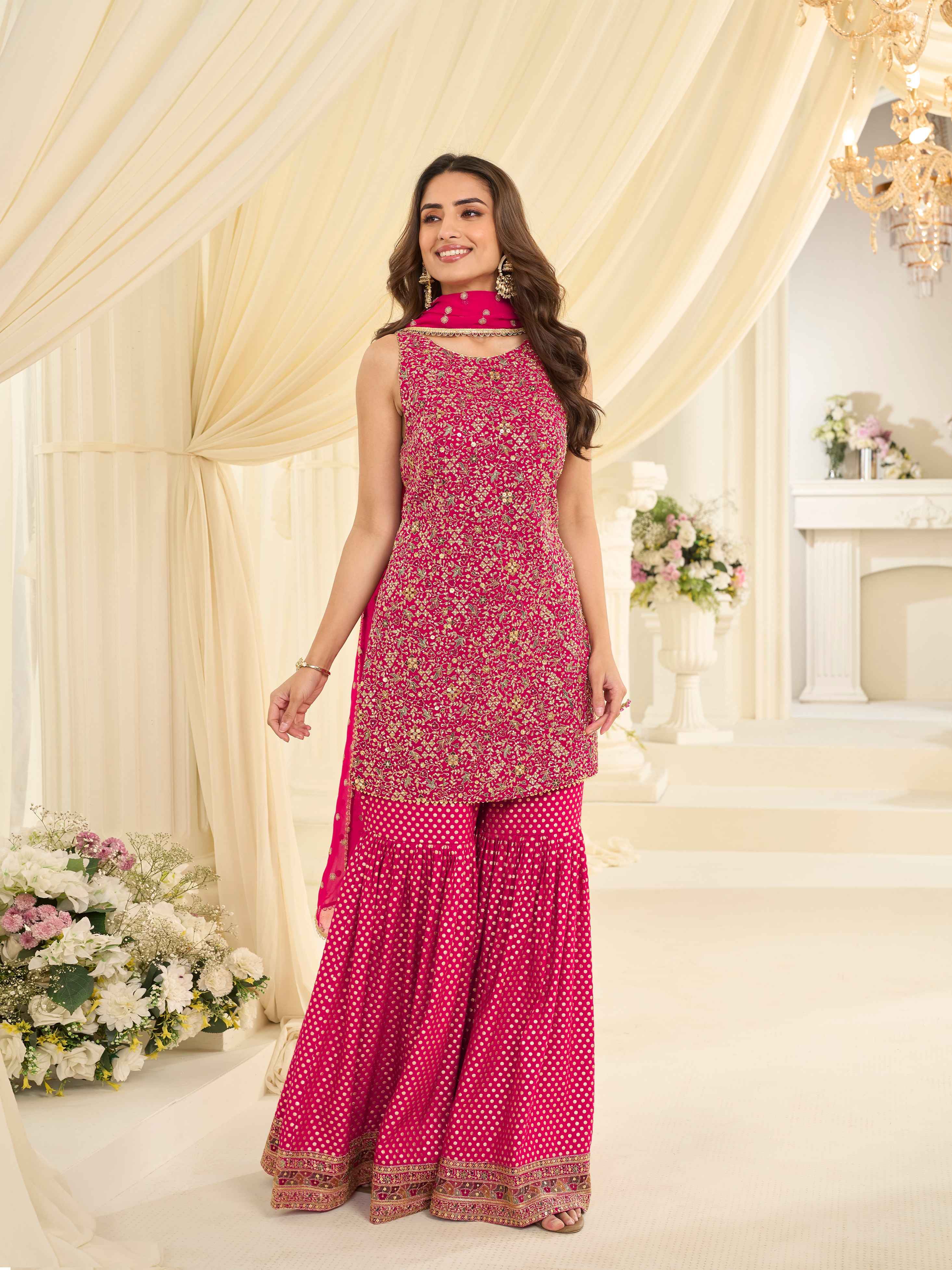 Hot Pink Heavy Embroidered Georgette Sharara Suit with Dupatta