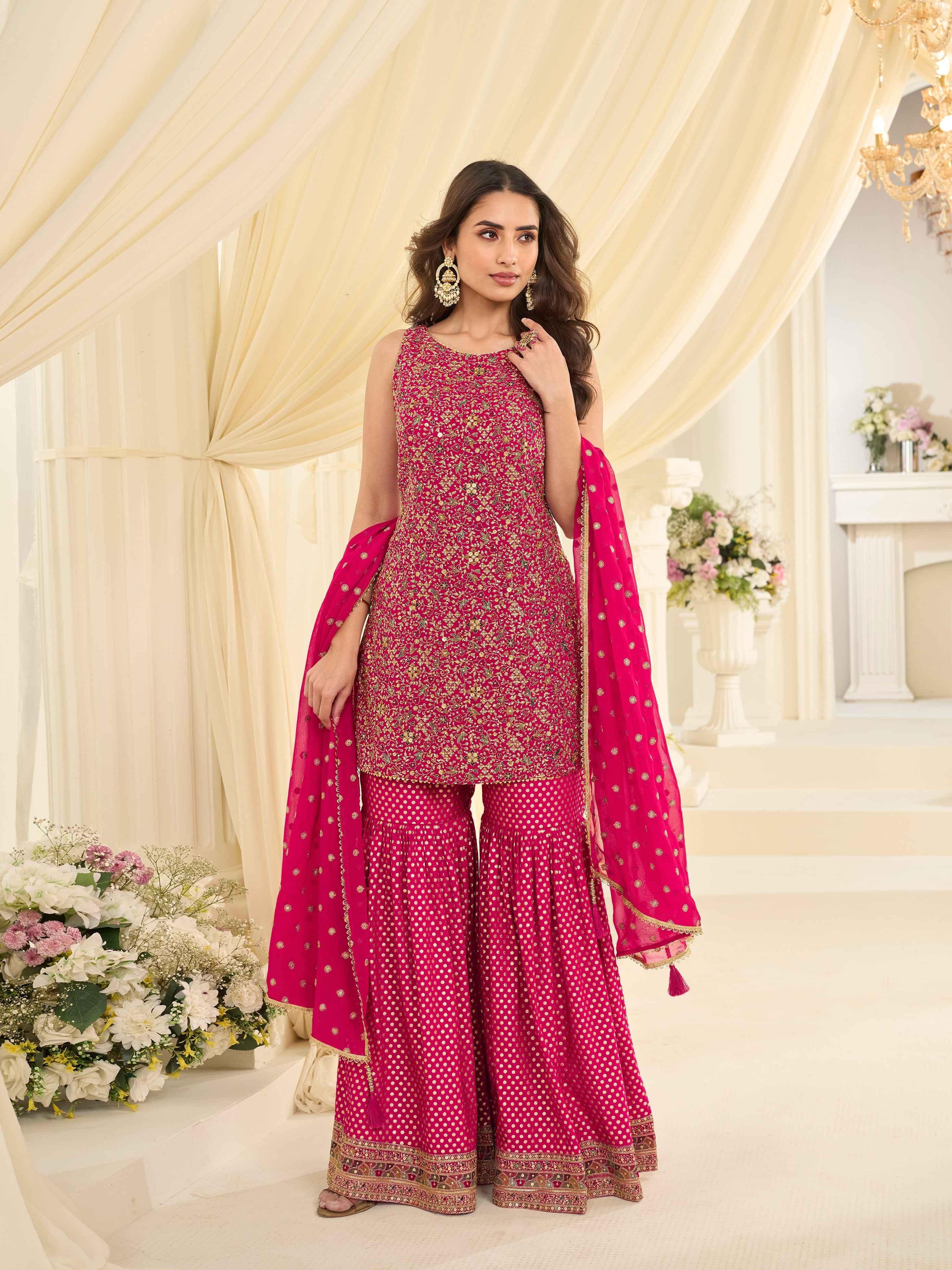 Hot Pink Heavy Embroidered Georgette Sharara Suit with Dupatta