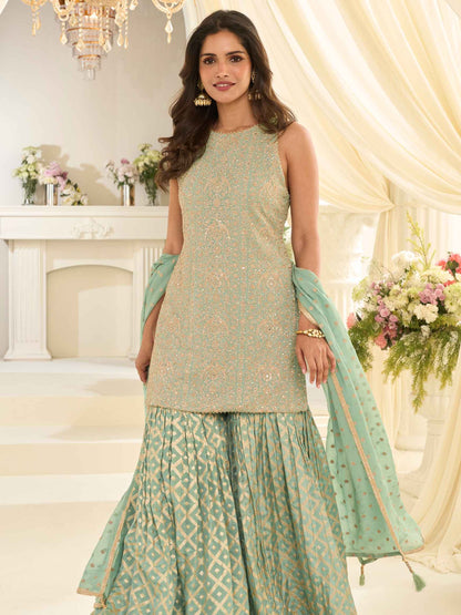 Sea Green Heavy Embroidered Georgette Sharara Suit with Dupatta