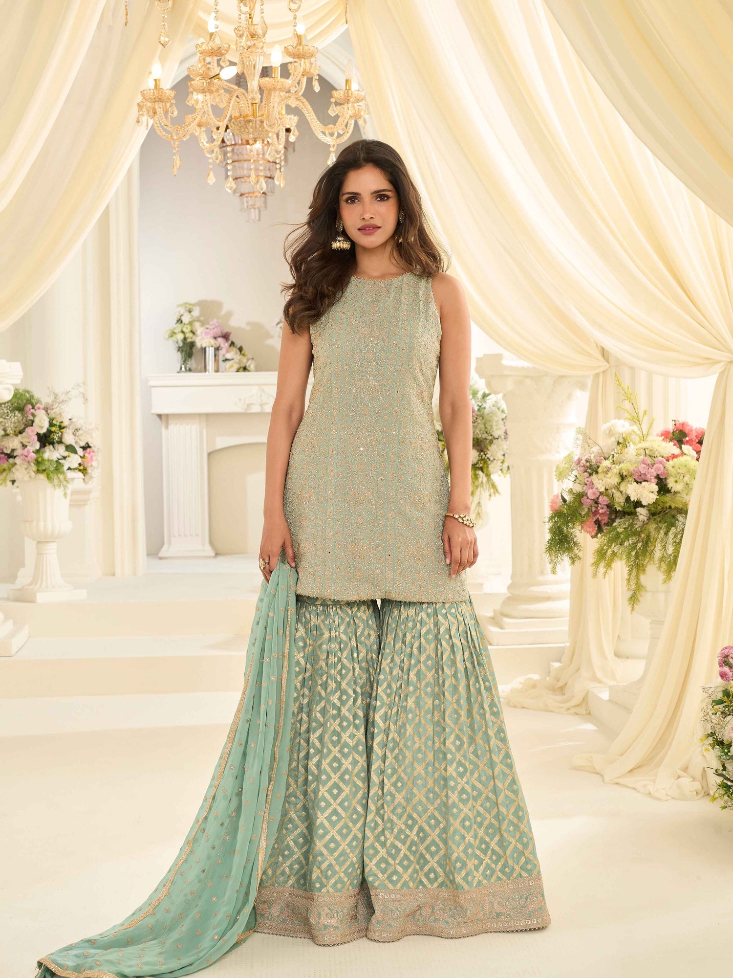 Sea Green Heavy Embroidered Georgette Sharara Suit with Dupatta