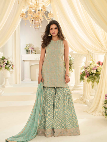 Sea Green Heavy Embroidered Georgette Sharara Suit with Dupatta