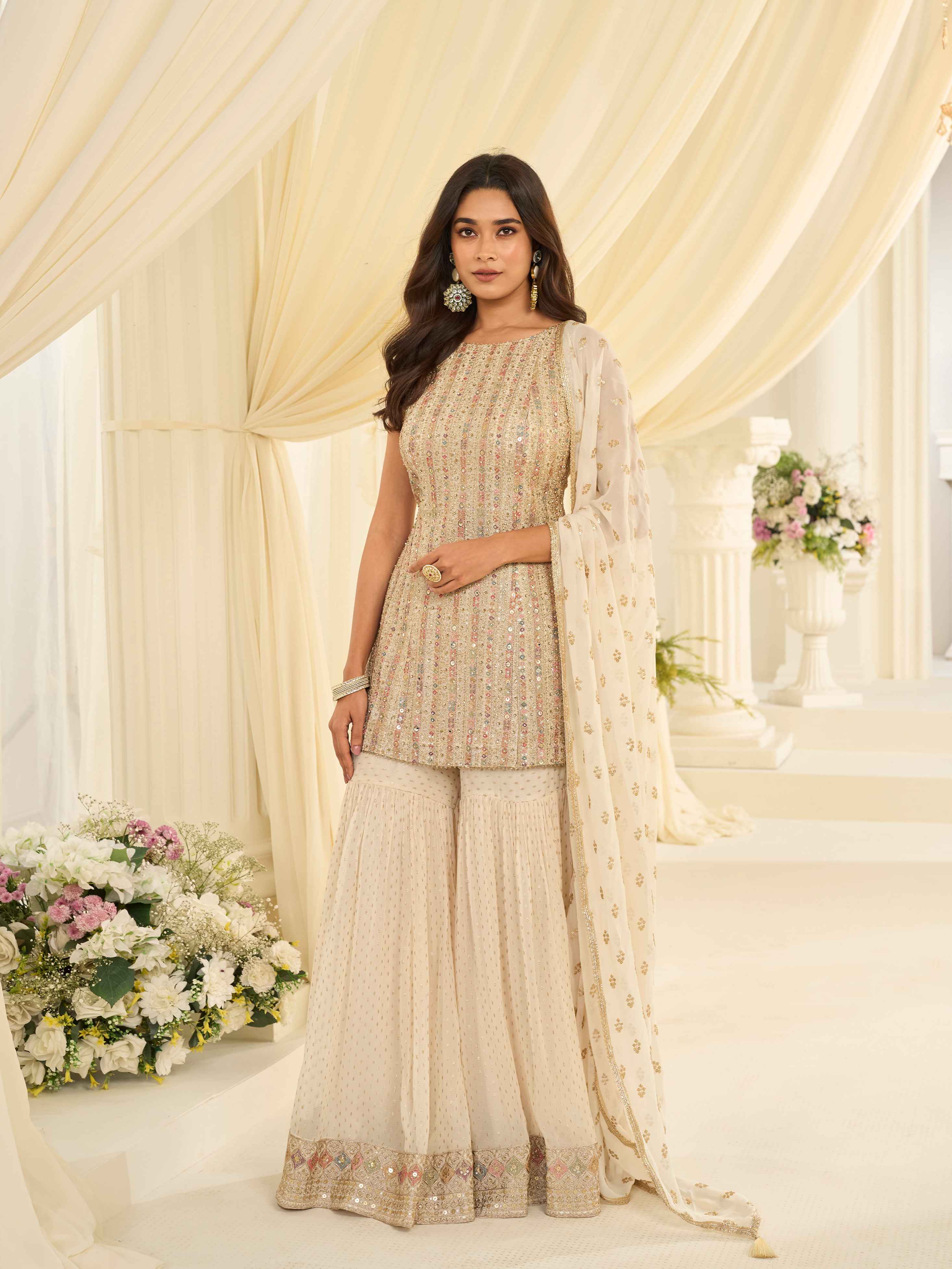 Beige Embroidered Georgette Sharara Suit with Dupatta