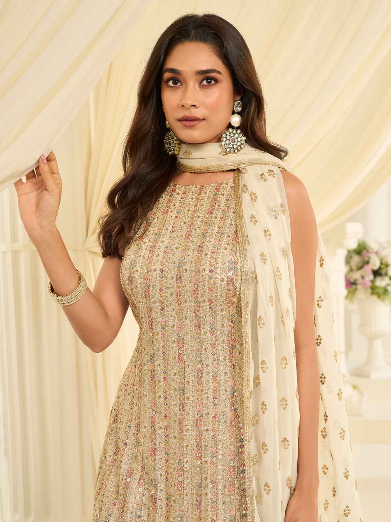 Beige Embroidered Georgette Sharara Suit with Dupatta