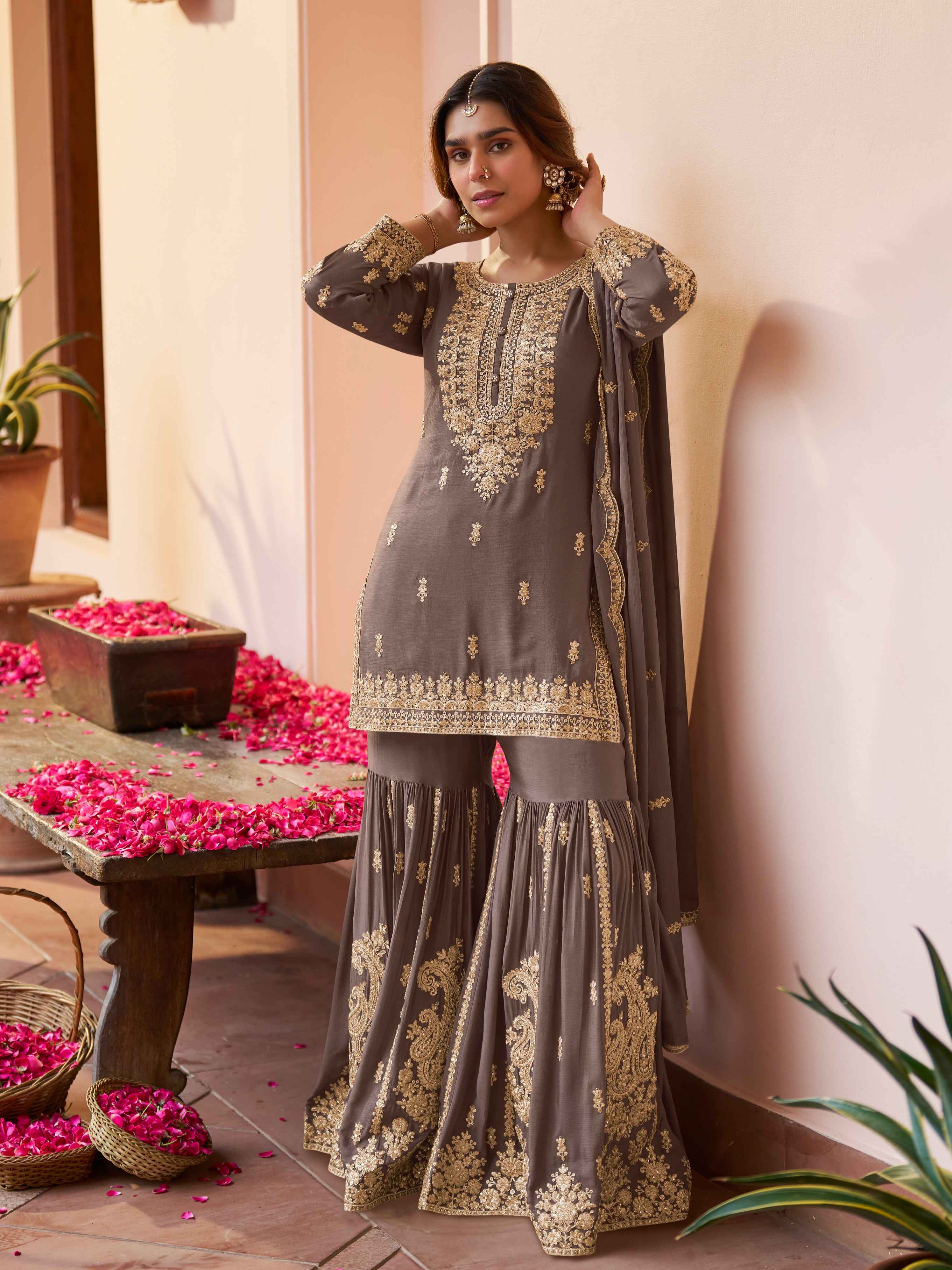 Grey Chinon Embroidered Kurta Sharara Set with Handwork Dupatta