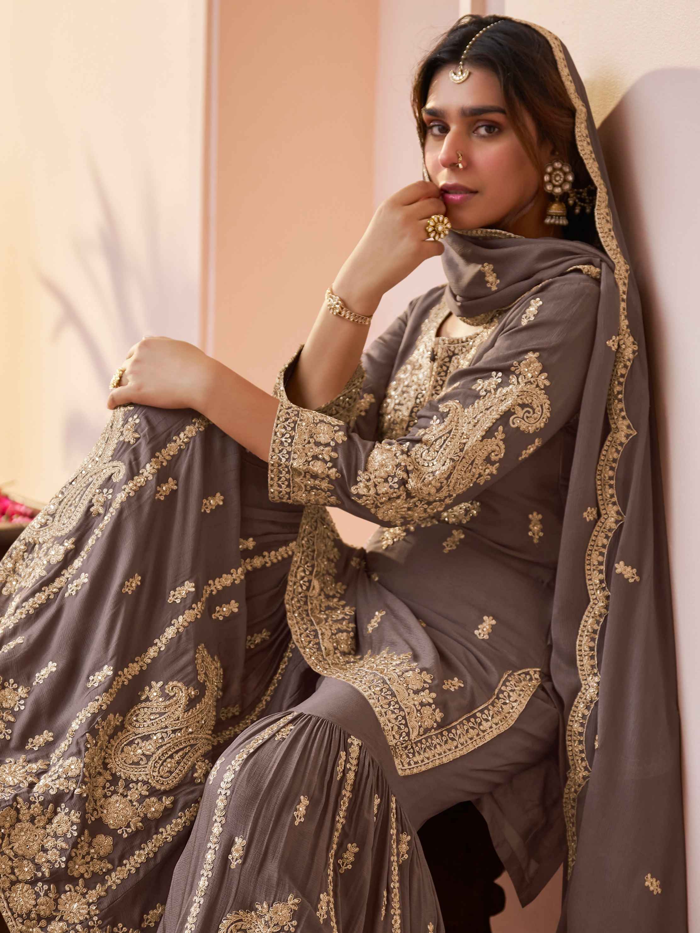 Grey Chinon Embroidered Kurta Sharara Set with Handwork Dupatta