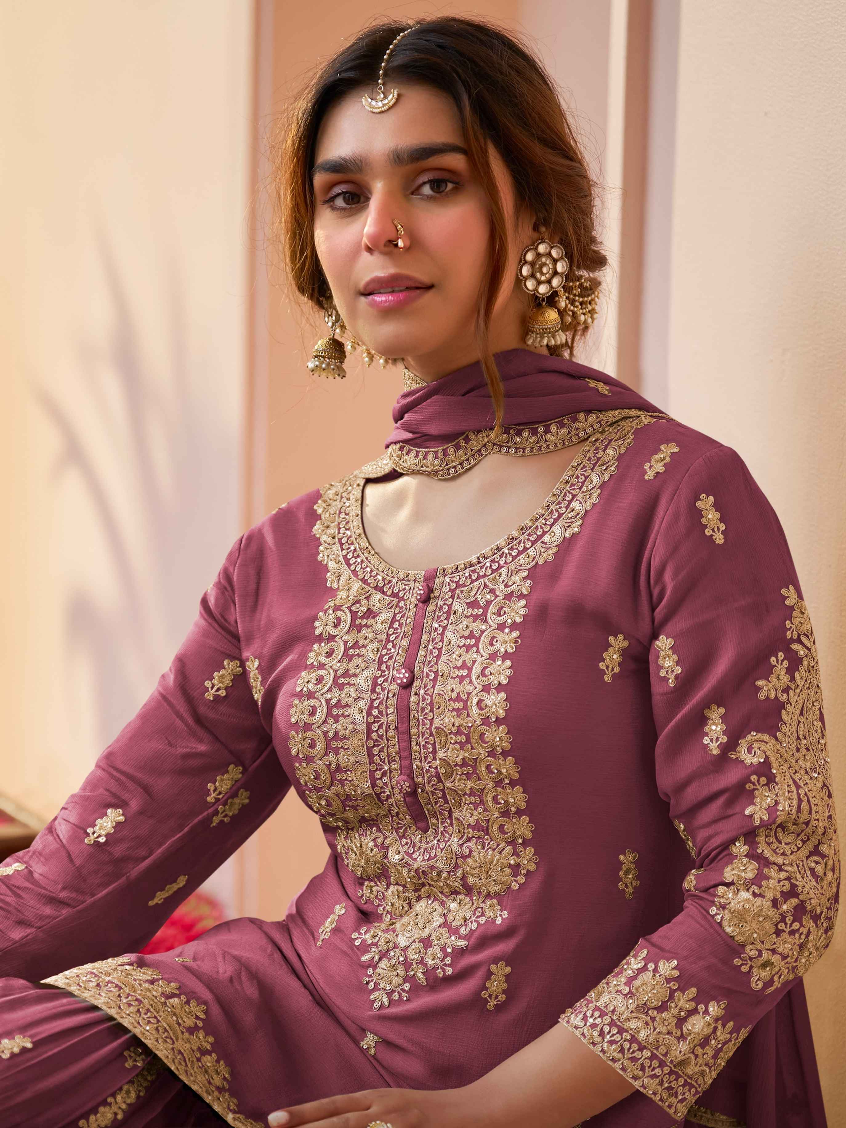 Wine Chinon Embroidered Kurta Sharara Set with Dupatta