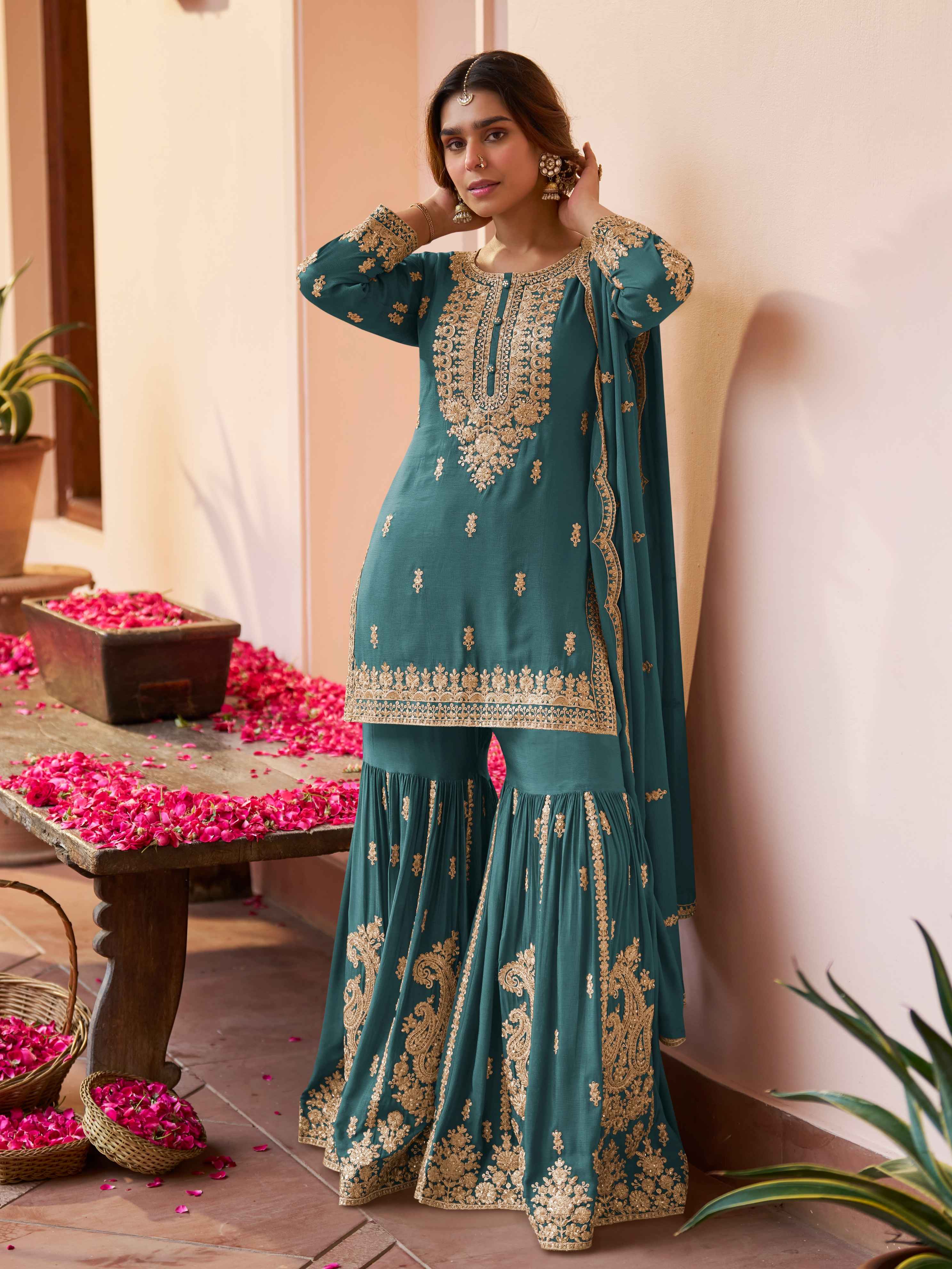 Teal Green Chinon Handwork Kurta Sharara Set
