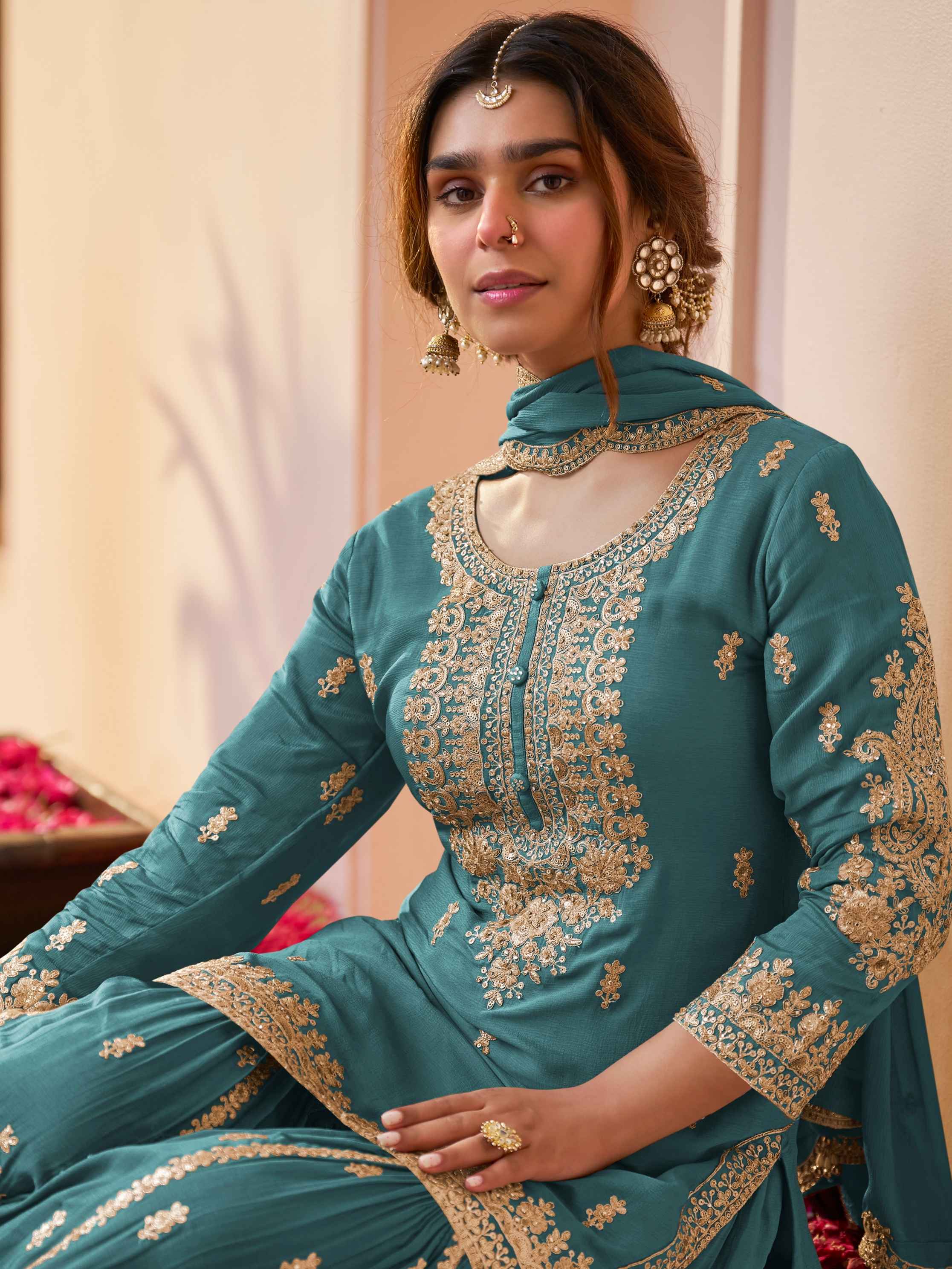 Teal Green Chinon Handwork Kurta Sharara Set