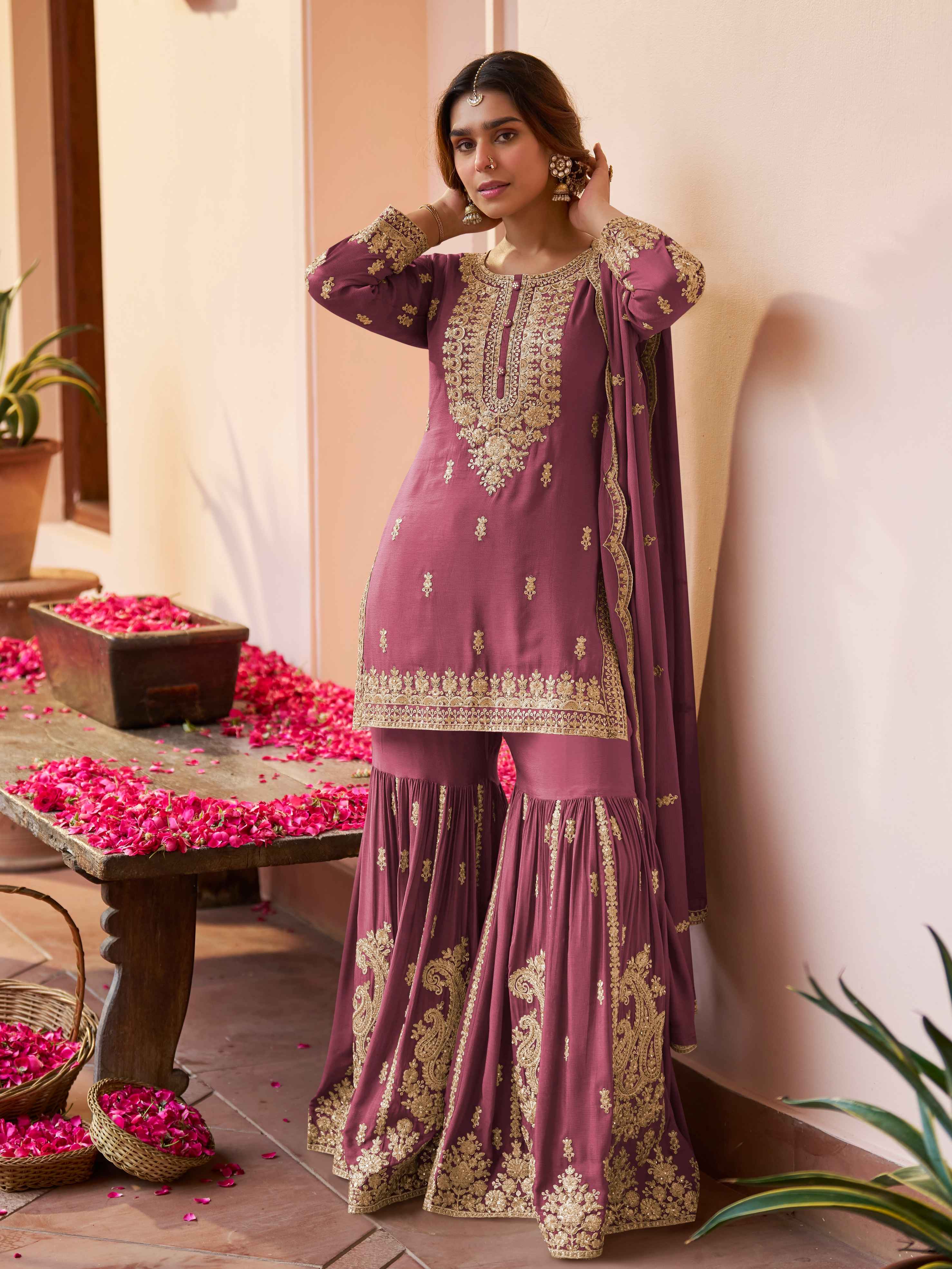Wine Chinon Embroidered Kurta Sharara Set with Dupatta