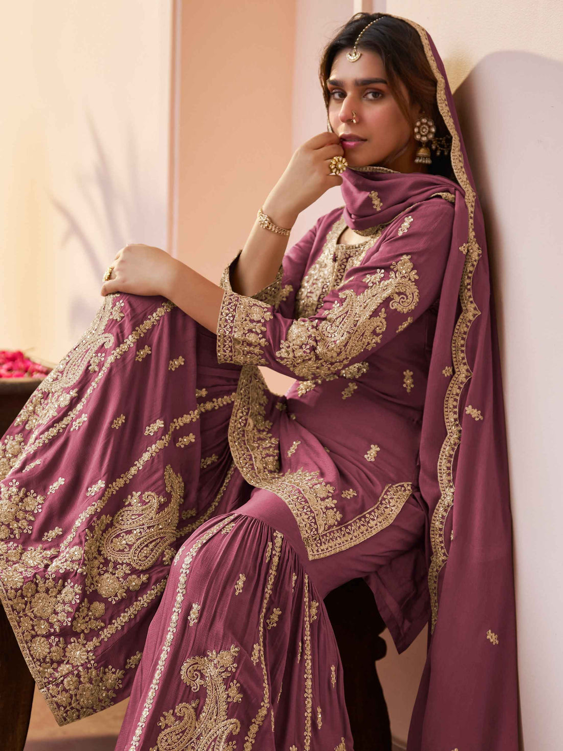 Wine Chinon Embroidered Kurta Sharara Set with Dupatta