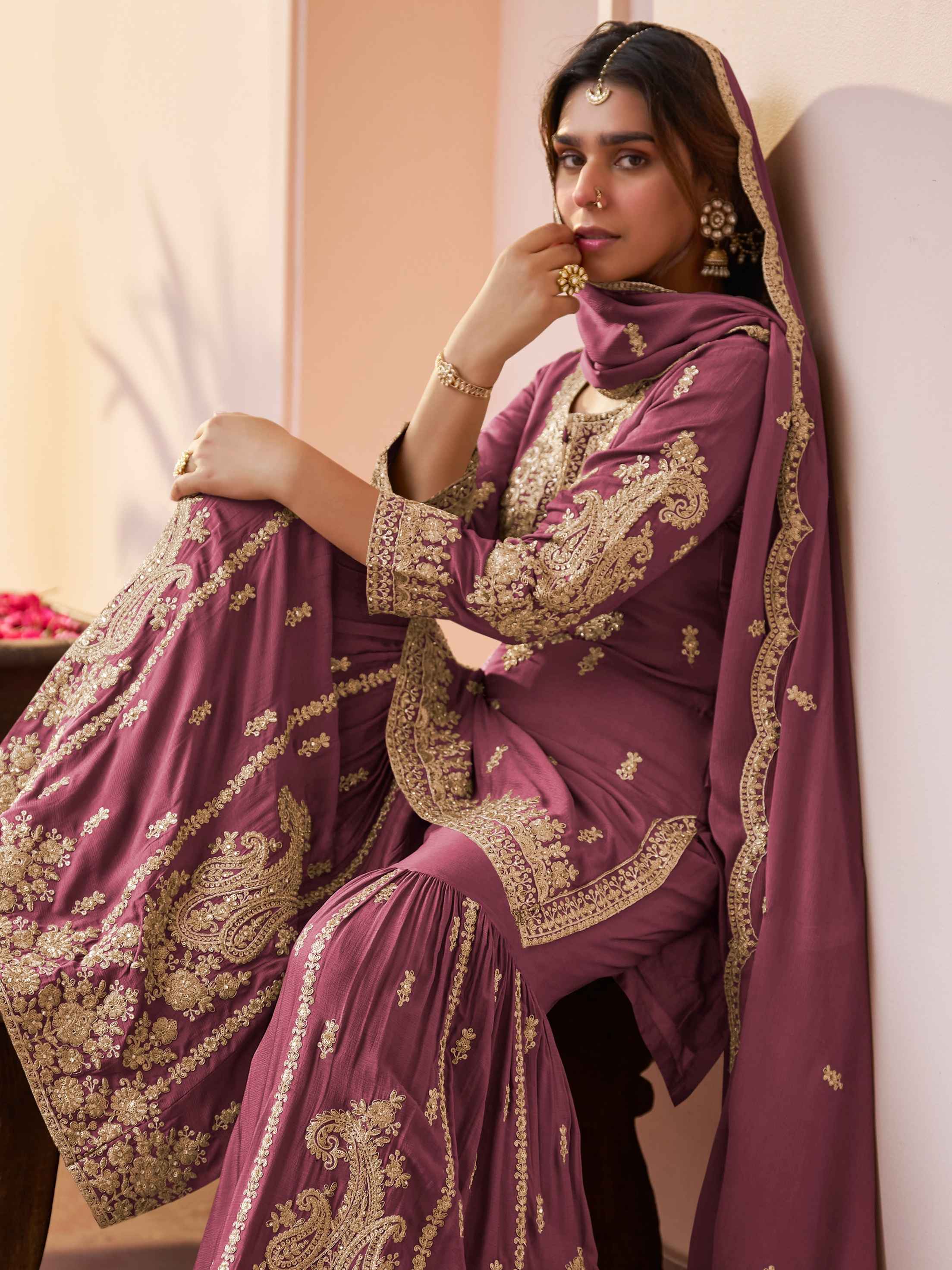 Wine Chinon Embroidered Kurta Sharara Set with Dupatta