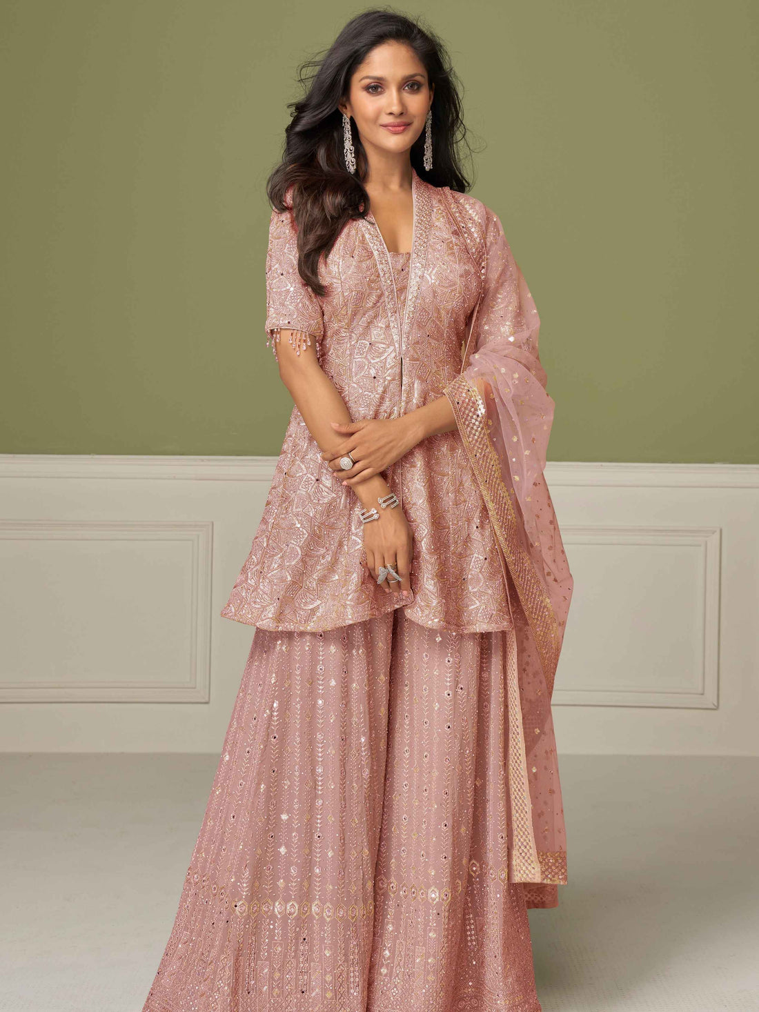 Blush Pink Real Georgette Embroidered Palazzo Suit with Dupatta
