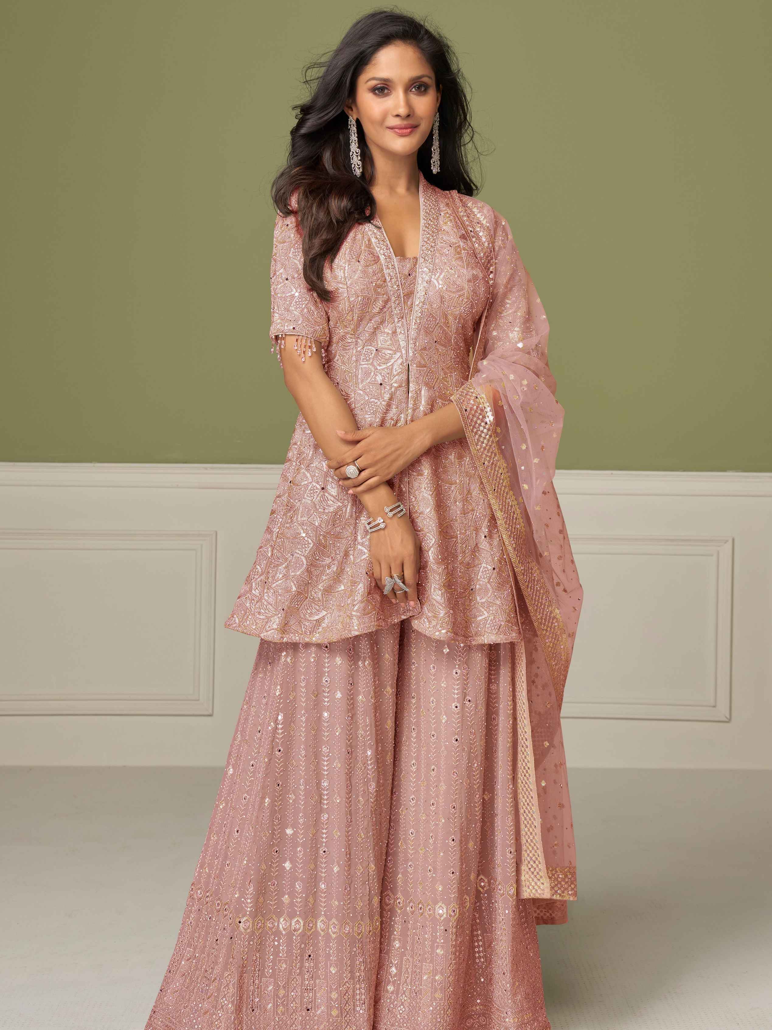 Blush Pink Real Georgette Embroidered Palazzo Suit with Dupatta