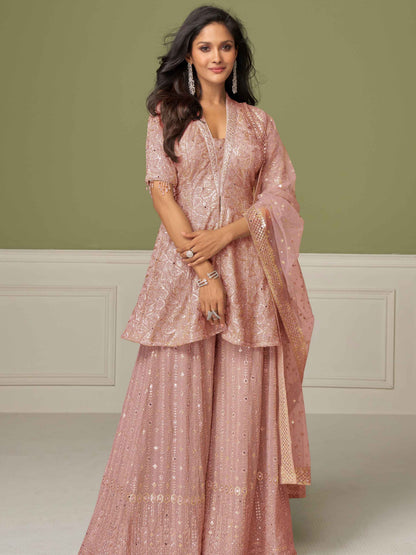 Blush Pink Real Georgette Embroidered Palazzo Suit with Dupatta