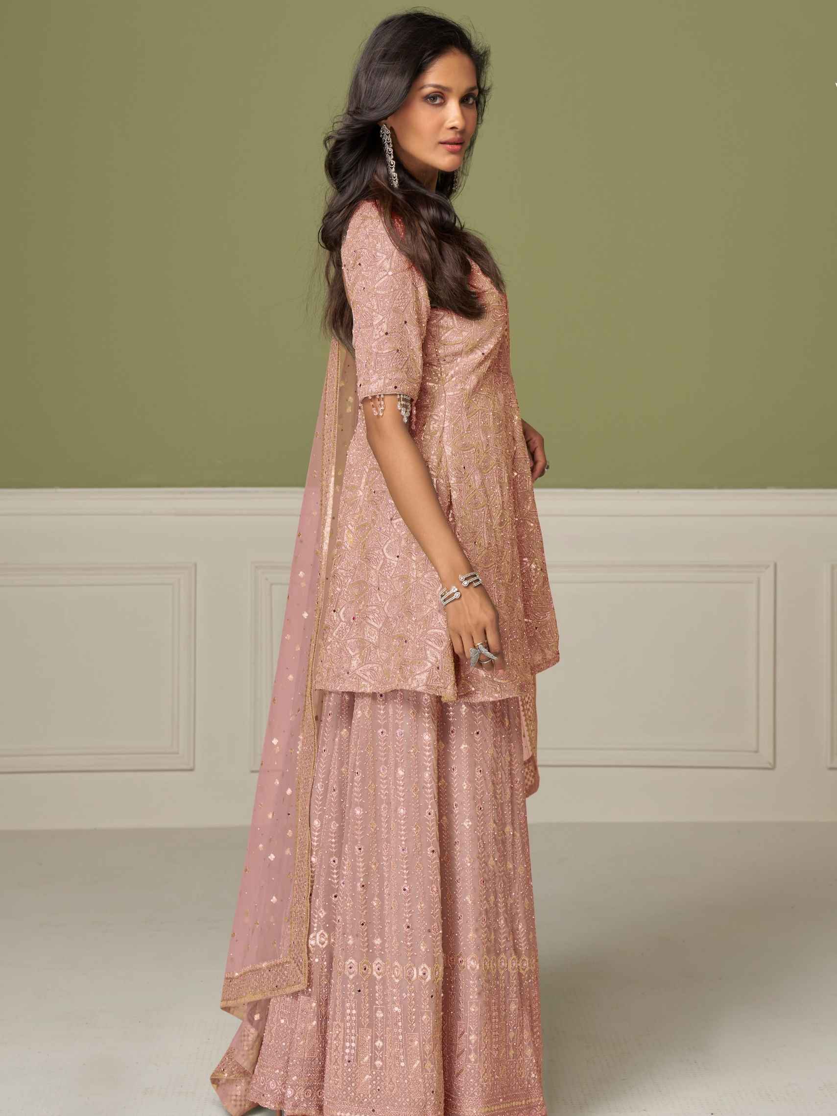 Blush Pink Real Georgette Embroidered Palazzo Suit with Dupatta